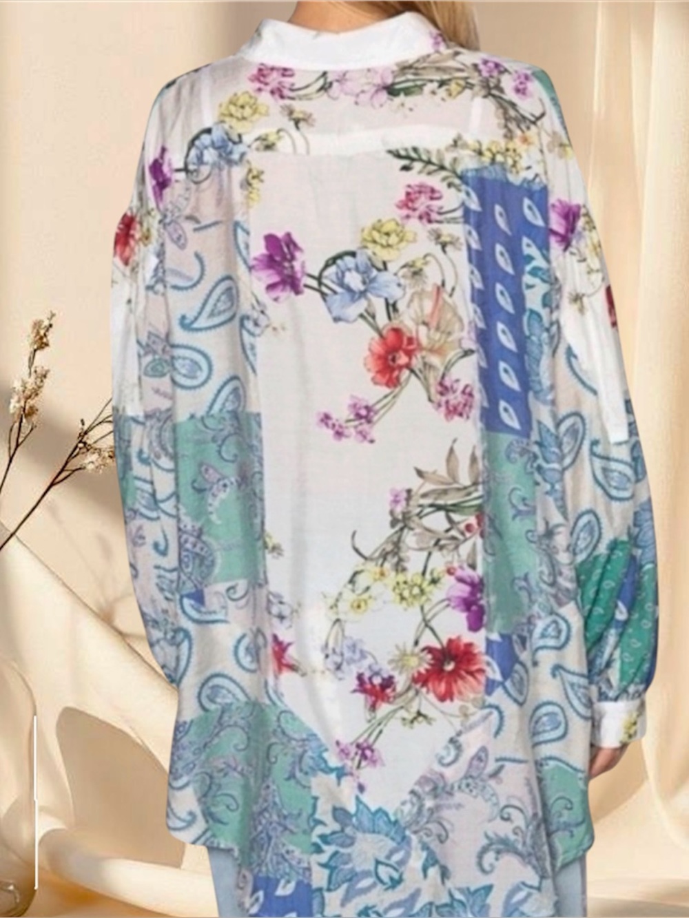 POL Floral Patchwork Button Down Shirt White Lightweight Oversized Boho Top - Picture 6 of 8